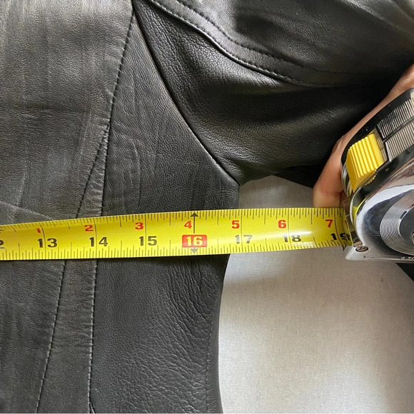 Classic Black sheepskin button leather jacket Sz S/M 17"PTP - Picture 10 of 10